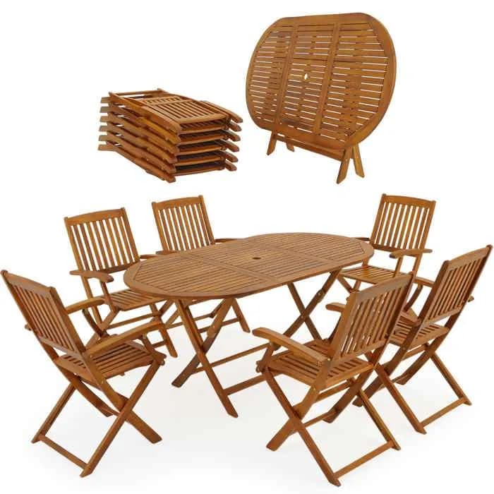 Salon de jardin CASARIA Boston – Table et 6 chaises pliantes en bois d'acacia