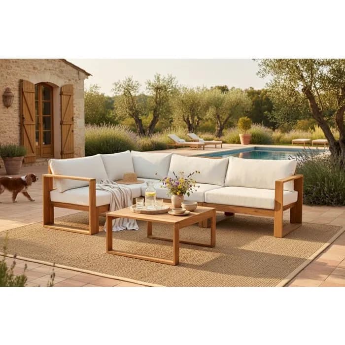 Salon de jardin d'angle modulable LEVATA Classique – Bois d'acacia avec coussins